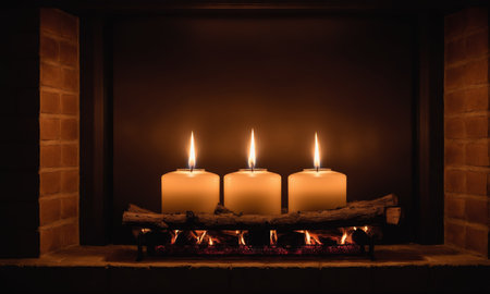 Burning candles in fireplace on wooden background, space for text. Christmas decoration.の素材