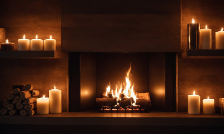 Burning fire in the fireplace. Fireplace in the nightの素材