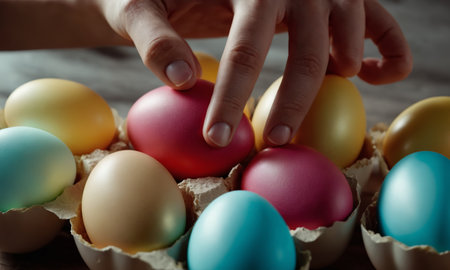 Close-up of female hands holding Easter eggs.の素材