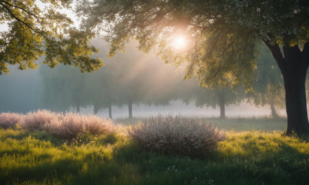 Sunrise in a misty summer meadow with blooming trees/の素材