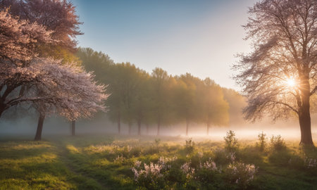 Beautiful spring landscape with blooming trees and fog in the morning.の素材