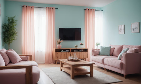 Modern living room interior design with tv on the wall. 3d rendering.の素材