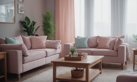 Interior of modern living room with pink sofa, coffee table and plants.の素材