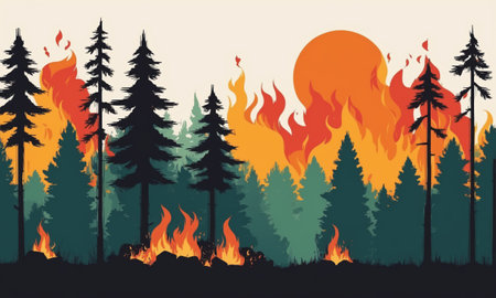 Forest fire in the forest. Fire in the forest. Vector illustrationの素材