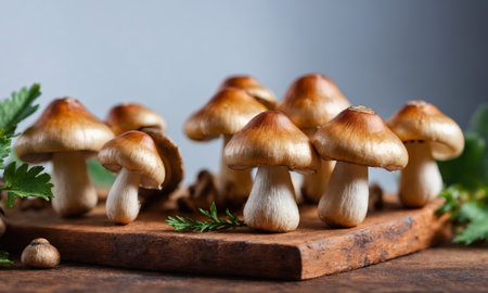 champignon mushrooms on a wooden table.の素材
