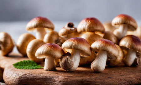 champignon mushrooms on a wooden table.の素材