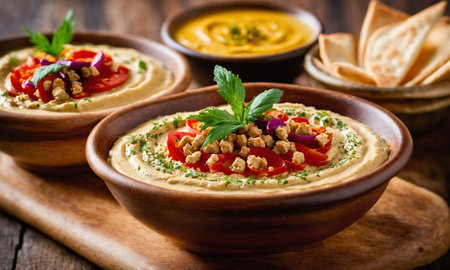 Live vegan hummus bowls, traditional meze with pita bread and appetizers.の素材