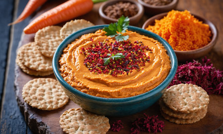 Bowl of hummus with carrots, spices and crackers on wooden backgroundの素材