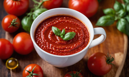 Tomato sauce in a white bowl with fresh tomatoes and basil.の素材
