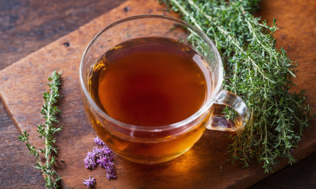 Herbal tea with thyme and rosemary on a wooden backgroundの素材