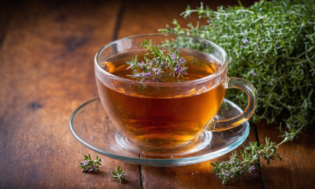 Herbal tea in a glass cup with fresh thyme on wooden backgroundの素材