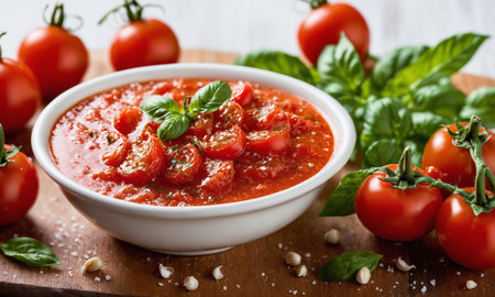 Tomato sauce with basil and pine nuts in a white bowl.の素材