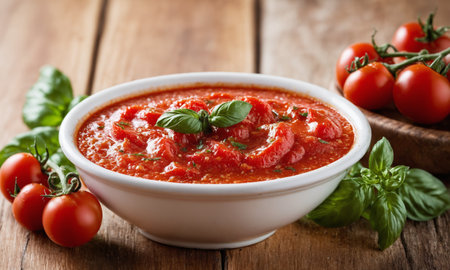 Tomato soup with basil in a white bowl on a wooden tableの素材
