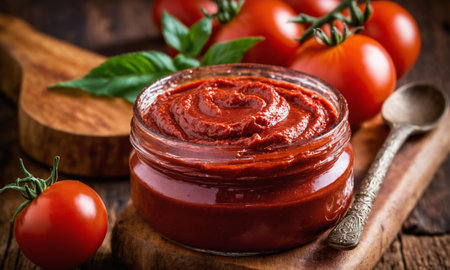 Tomato sauce in a glass jar on a wooden background. Selective focus.の素材