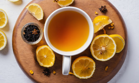 Top view of cup with black tea, turmeric, honey and lemon on white background.の素材
