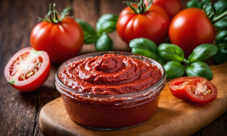 Tomato paste in a glass bowl with fresh tomatoes and basil on wooden backgroundの素材