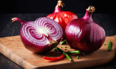 red onions and chili peppers on a dark background. tinting. selective focusの素材