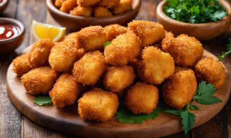 Fried chicken nuggets with sauce and parsley on wooden tableの素材
