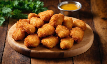 Crispy fried chicken nuggets on wooden board with mustard sauceの素材