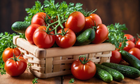 Cucumbers, tomatoes and parsley in a basket on a wooden table.の素材