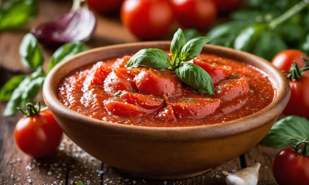 Ingredients for tomato sauce cherry tomatoes garlic basil pepper salt on wooden table.の素材