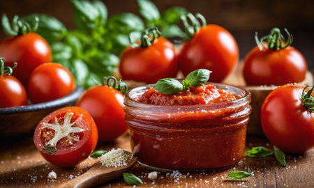 Tomato sauce in a bowl on a wooden background. Selective focusの素材