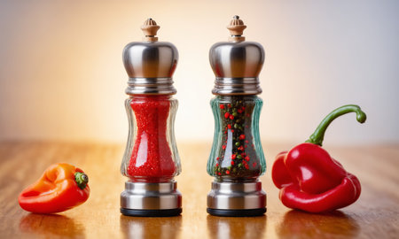 pepper and salt shaker on a wooden table with red and yellow peppers.の素材