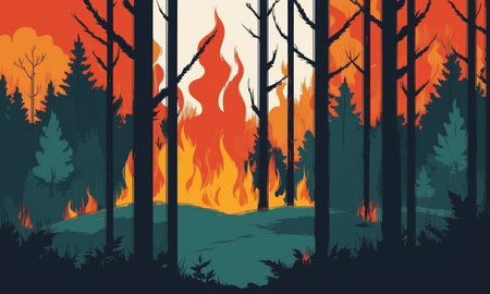 Forest fire in the forest. Vector illustration of a burning forest.の素材