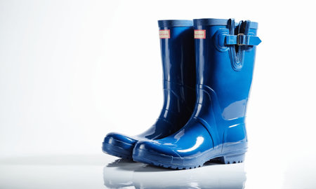 Blue rubber boots on a white background. Isolated. Studio shot.の素材