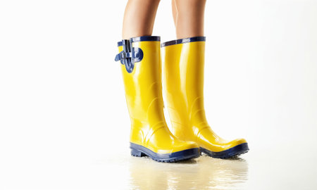Yellow waterproof rubber boots on a white background.の素材