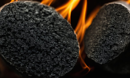 Close-up of a burning coals on a black backgroundの素材