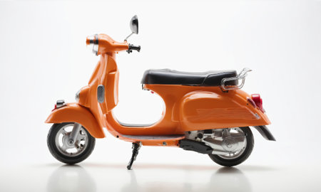 One red plastic scooter on a white background, a toy.の素材