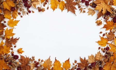 Frame of autumn leaves on white background. Flat lay, top viewの素材