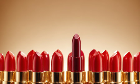 Lipsticks in a row on a brown background with copy spaceの素材