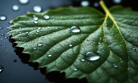 Green leaf with water drops on black background. Shallow depth of field.の素材