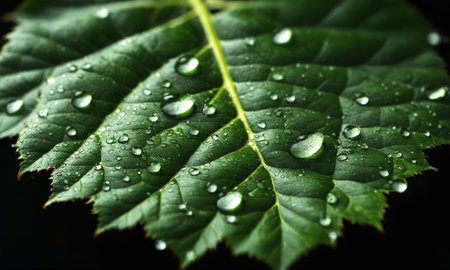 Green leaf with water drops on black background, close-up.の素材