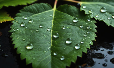 Green leaf with water drops, close up. Water drops on leavesの素材