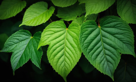 Green leaves on a black background, close-up, selective focusの素材