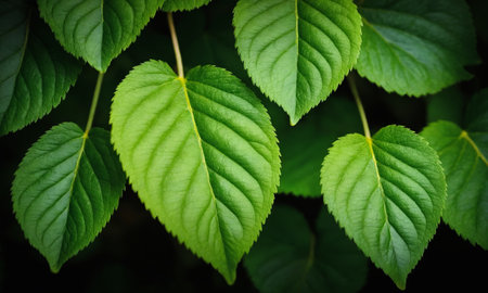 Green leaves on black background, close up. Beautiful nature background.の素材