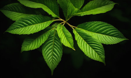 Green leaves on a dark background. Nature background with copy space.の素材