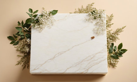 White marble with flowers and leaves on beige background, top view.の素材