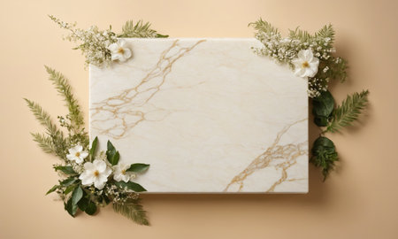 White marble with flowers and leaves on beige background, top view.の素材
