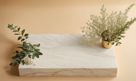 Top view of beige background with white marble podium mockup, beauty and fashion concept with leaves and flowers.の素材