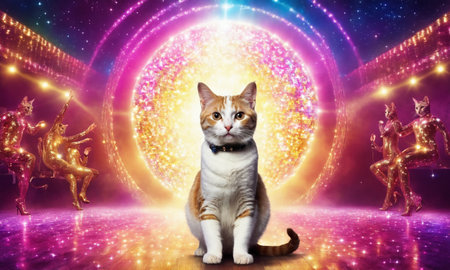 Cat dancing disco on the dance floor.の素材