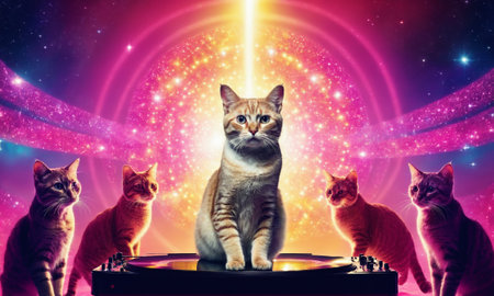 Cat dancing disco on the dance floor.の素材