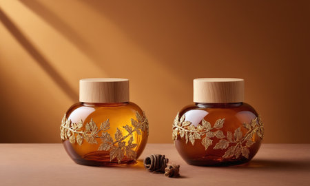 Two amber jars with decorations on a brown background. Minimal concept mockup for skin care space for designの素材
