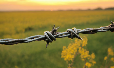 Barbed wire on a green field at sunset, close-up.の素材