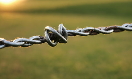 Barbed wire on the background of the sunset, close-up.の素材