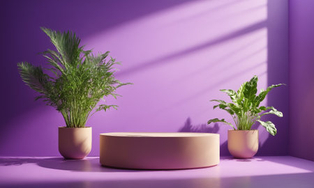 3D rendering of a podium with potted plants on a purple background.の素材