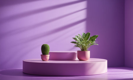 3D rendering of a podium with potted plants on a purple background.の素材